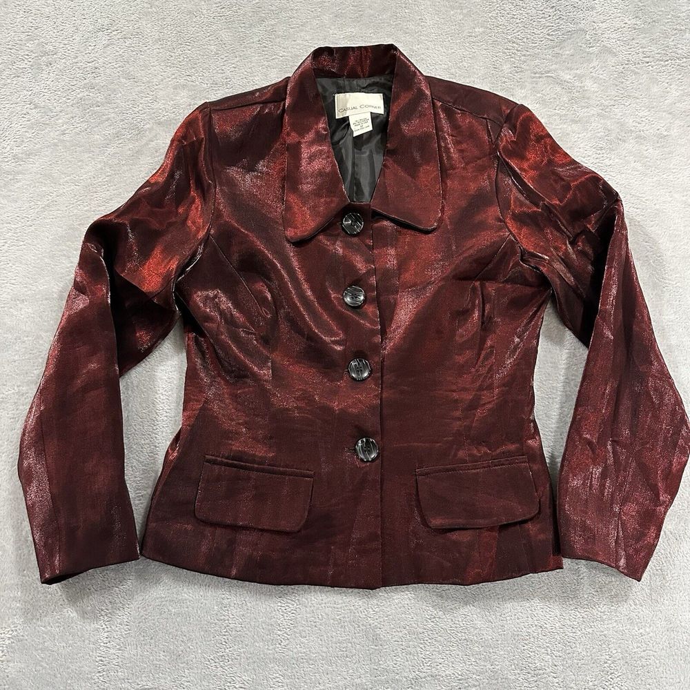 Casual Corner USA 4 Button Blazer Top Women 12 Red Shiny Formal